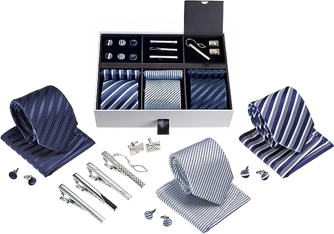 Premium Men’s Gift Tie Set Silky Necktie Pocket Squares Tie Clips Cufflinks For Men