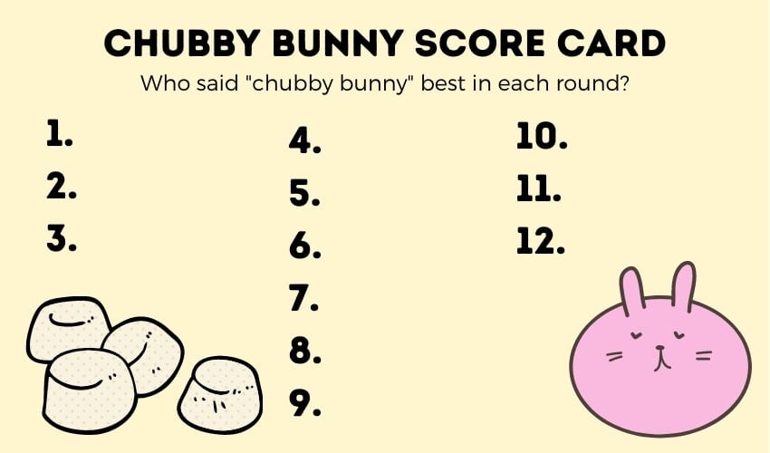 A score card listing the numbers one through twelve, and with a chubby bunny cartoon.