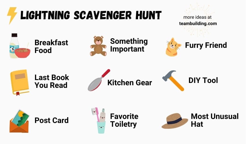 A game card for lightning scaveng hunters, including clues like "last book you read" and "kitchen gear."
